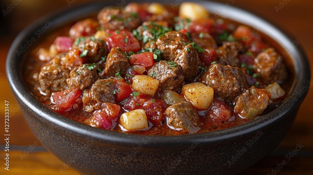Hearty Beef Stew In Dark Bowl Hearty Beef Stew In Dark Bowl