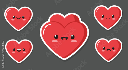 Cute smiling hearts in various expressions flat vector art
