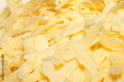 Close up of shreaded grated Chedder cheese photo