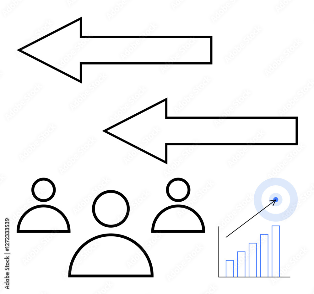 Two large arrows pointing opposite directions, three people icons below, and a bar chart with a target icon to the side. Ideal for teamwork, strategy, goals, leadership, analytics, collaboration Two large arrows pointing opposite directions, three people icons below, and a bar chart with a target icon to the side. Ideal for teamwork, strategy, goals, leadership, analytics, collaboration
