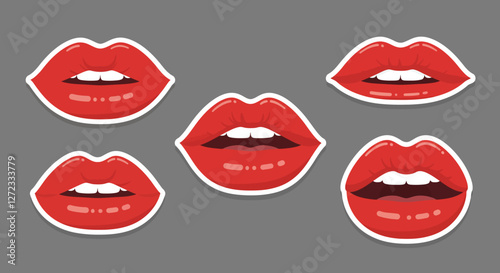 Red lips in various expressions and styles in flat vector art