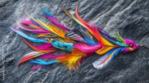 Colorful feather lure on stone