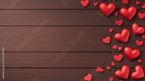 Red hearts scattered on dark wood background