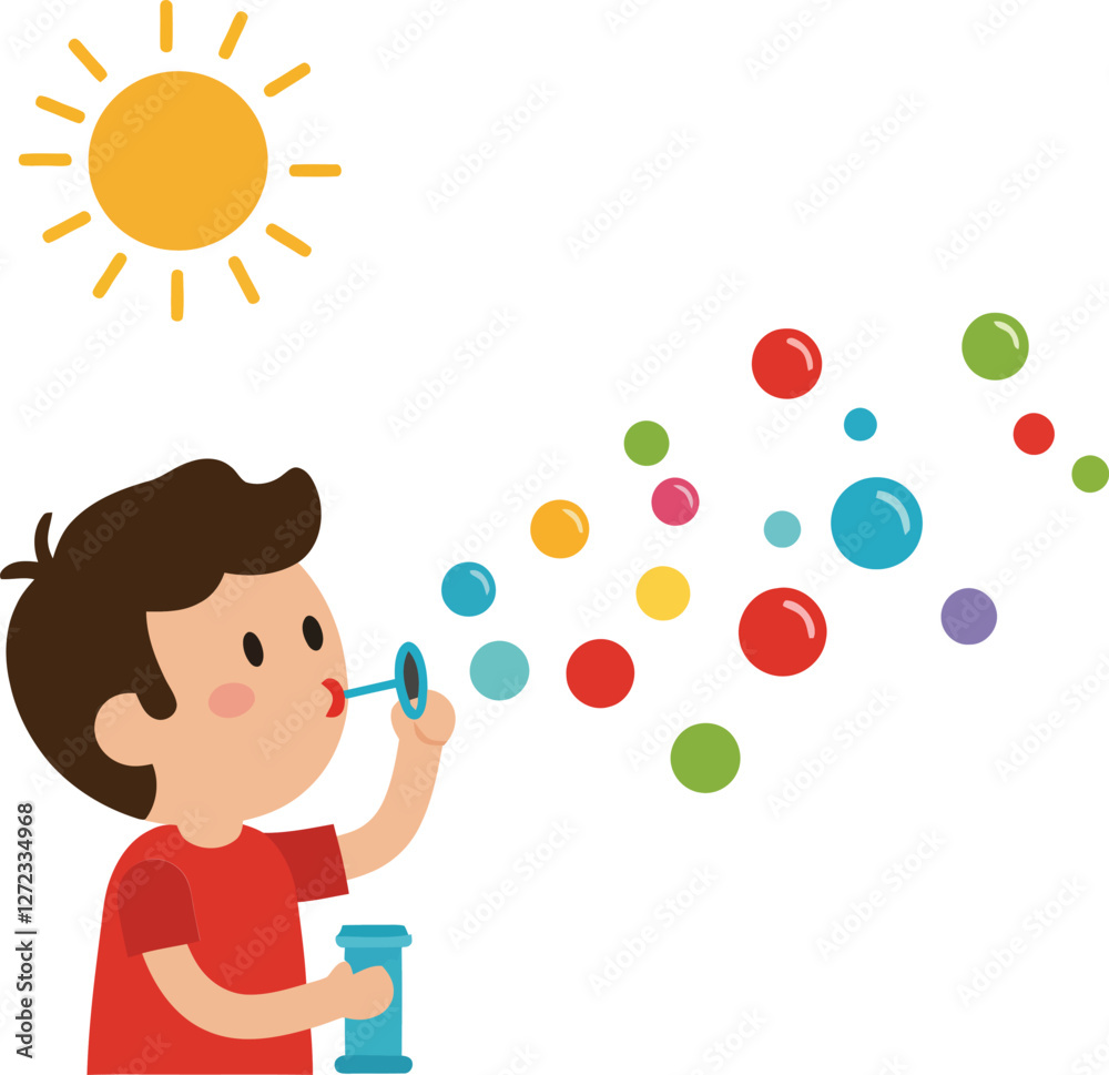 Child blowing bubbles in sunny outdoor setting, flat design vector art Child blowing bubbles in sunny outdoor setting, flat design vector art
