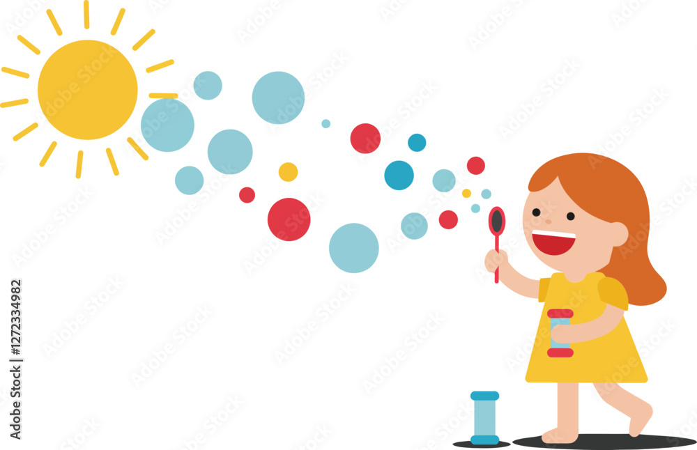 Child painting bubbles and sun in flat vector art illustration Child painting bubbles and sun in flat vector art illustration