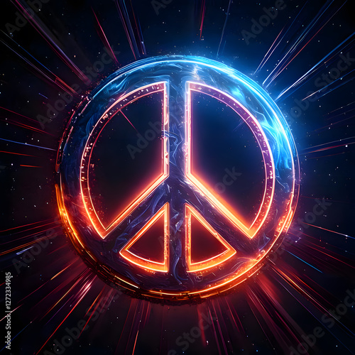An artwork of a peace symbol made of liquid paint floats in a giant soap bubble in space. Version 5