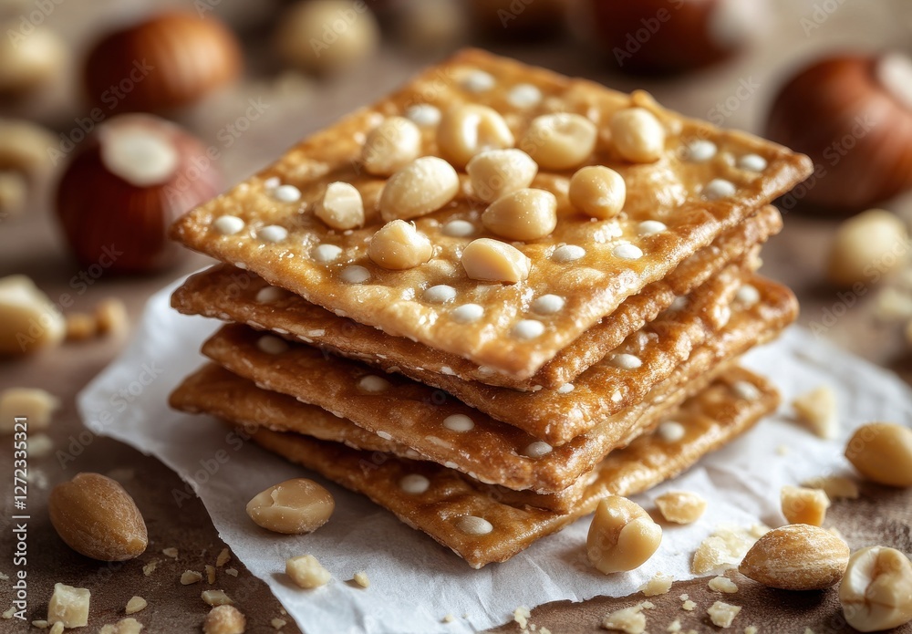 Stacked crunchy crackers with nuts and seeds on a textured background, ideal for snack lovers and culinary creativity Stacked crunchy crackers with nuts and seeds on a textured background, ideal for snack lovers and culinary creativity