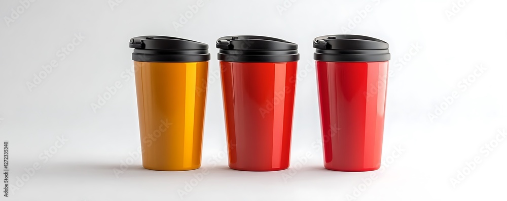 Stylish travel mugs in bright, eye-catching shades, isolated on pristine white backdrop, ultra HD, high resolution Stylish travel mugs in bright, eye-catching shades, isolated on pristine white backdrop, ultra HD, high resolution