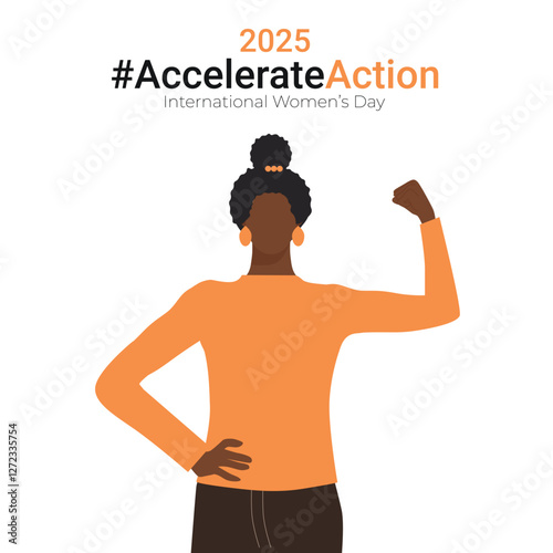 Square banner for International Women’s Day 2025 for a campaign to accelerate action. African American woman doing strength gesture with arm. Concept of support women's rights, solidarity, gender equa