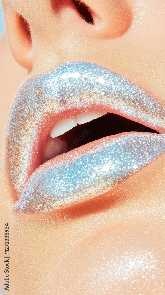 Fototapeta premium Close-up of a woman's lips with shimmering silver glitter lipstick. A glamorous and sparkly look.