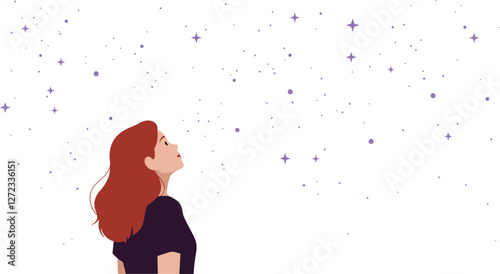 Woman gazing at starry night sky in minimal flat vector art