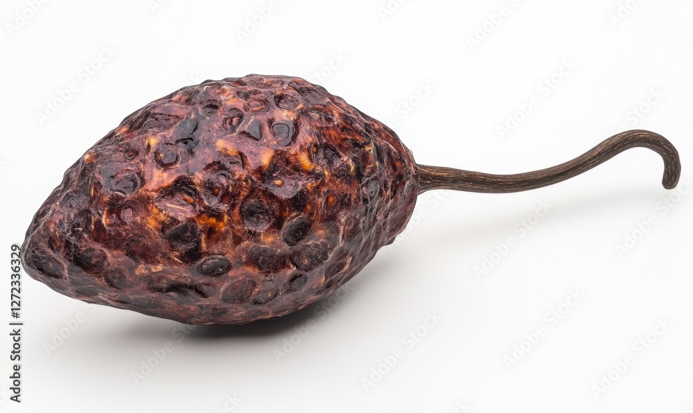Obraz premium A close-up view of a textured, dried fruit resembling an acorn, isolated on a white background, showcasing its unique surface details and natural imperfections