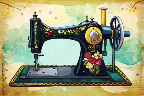 vector of Watercolor vintage sewing machine. Black metall antique sewing machine.