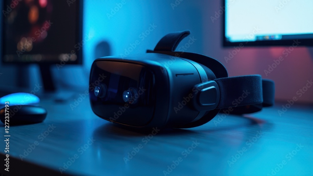 AR headset on a desk with computer monitors in the background, illuminated by blue and purple lighting.