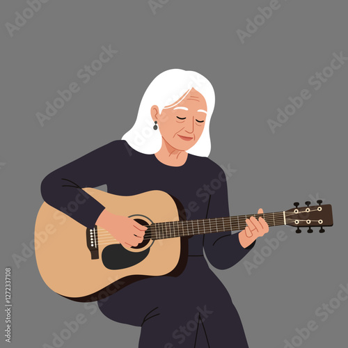 Older woman playing acoustic guitar in flat minimal vector art