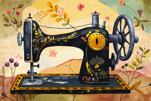 vector of Watercolor vintage sewing machine. Black metall antique sewing machine.