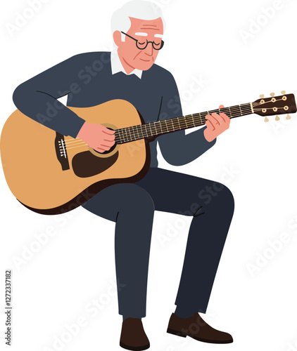 Elderly man playing acoustic guitar in flat style vector art