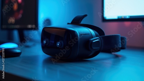 Obraz na płótnie AR headset on a desk with computer monitors in the background, illuminated by blue and purple lighting. w salonie