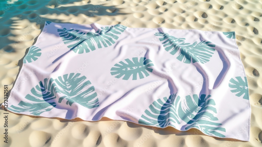 Beach towel mockup with green tropical leaf patterns on white fabric, laid out on sandy beach.