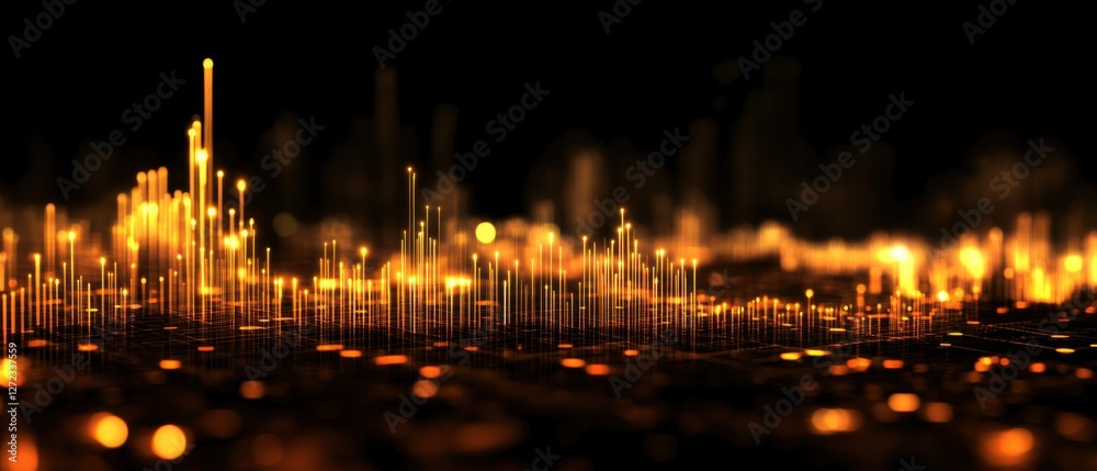 Fototapeta premium Abstract futuristic cityscape with glowing orange lights and grid pattern on a dark background Digital city landscape representing technology, innovation, and the metaverse