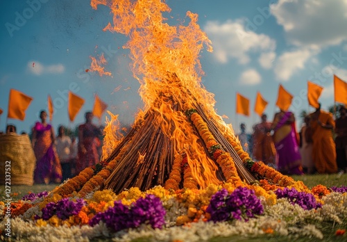 Vibrant Bonfire Surrounded by Colorful Flowers and Celebrants with Orange Flags in a Festive Outdoor Setting photo