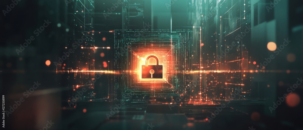 Obraz premium Glowing digital padlock icon in futuristic cityscape Cybersecurity, data protection, and network security concept in abstract digital world