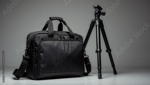 Black camera bag with a tripod on a grey background.