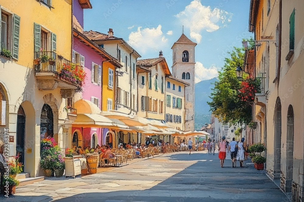 Naklejka premium Charming Vibrant Streets of Bolzano in South Tyrol Italy with Tourists Enjoying the Summer Sun