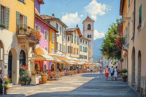 Charming Vibrant Streets of Bolzano in South Tyrol Italy with Tourists Enjoying the Summer Sun