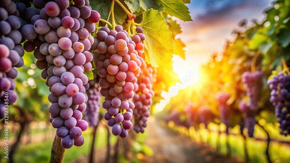 Naklejka premium Lush Ripe Grapes Hanging on Vine in Sunny Vineyard - Long Exposure Photography