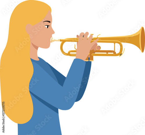 Young woman playing trumpet in flat design style vector art
