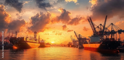 Vibrant Sunset at Hamburg Port with Cargo Ships and Cranes