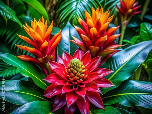 Lush Tropical Bloom: Vibrant Exotic Flowers and Foliage Stock Photo