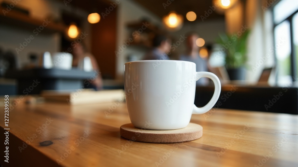 Fototapeta premium A white coffee mug sits on a cork coffee coaster on a wooden table in a cozy cafe setting.