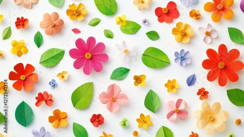 Colorful paper flowers, flatlay, spring