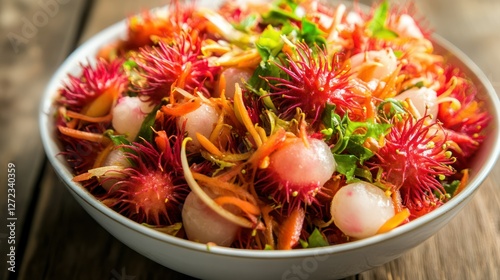 Rambutan salad bowl, wood table