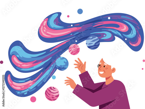 Colorful abstract waves flowing around a joyful person in flat vector art