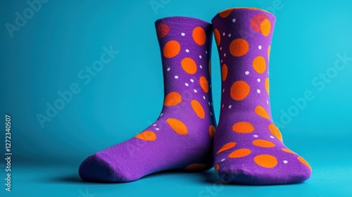 Purple polka dot socks, teal background