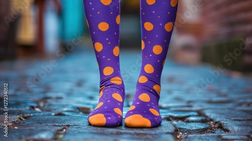 Polka-dot socks, cobblestone street, autumn