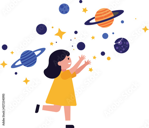 Girl reaching for colorful planets and stars in a playful flat vector illustration