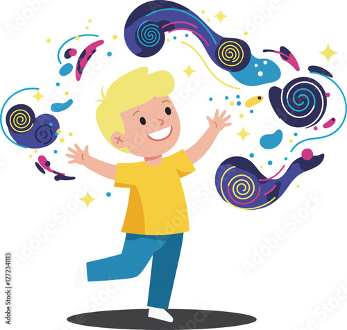 Happy child in yellow shirt surrounded by colorful swirls in flat vector art