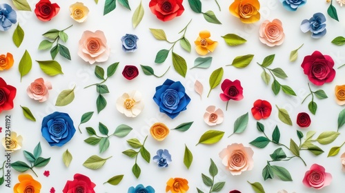 Paper flowers flatlay, white background, craft