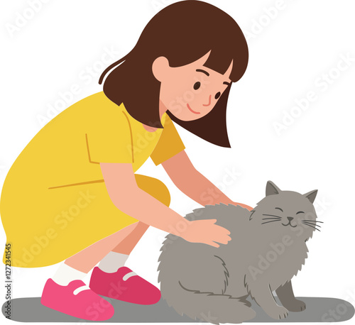 Girl in yellow dress petting a gray cat in flat vector art
