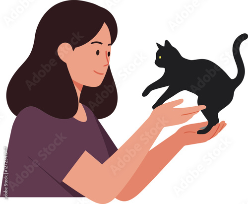 Woman holding a black cat in a flat minimal vector illustration