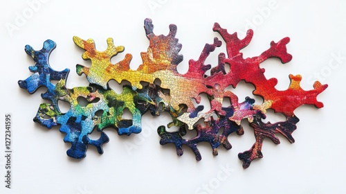 Colorful puzzle pieces, table, art background
