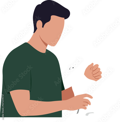 Person in green shirt preparing to interact with a dog in flat vector art