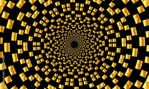 Abstract spiral Shape spinning vortex style flower background. Gold square pattern. circular pattern.