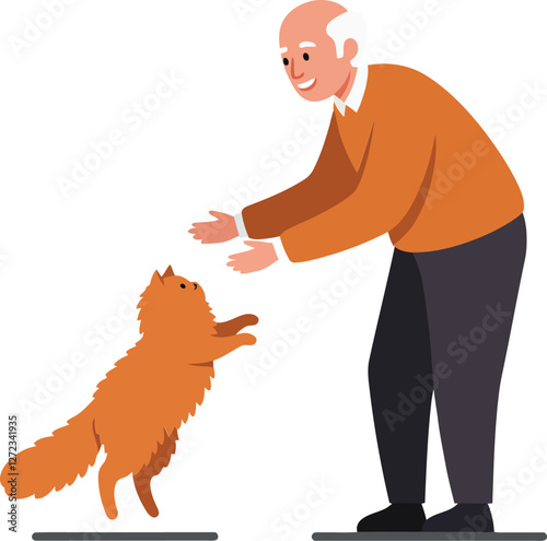 Elderly man reaching out to playful dog in minimal vector illustration