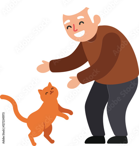 Happy elderly man joyfully playing with a cheerful orange cat in flat vector art