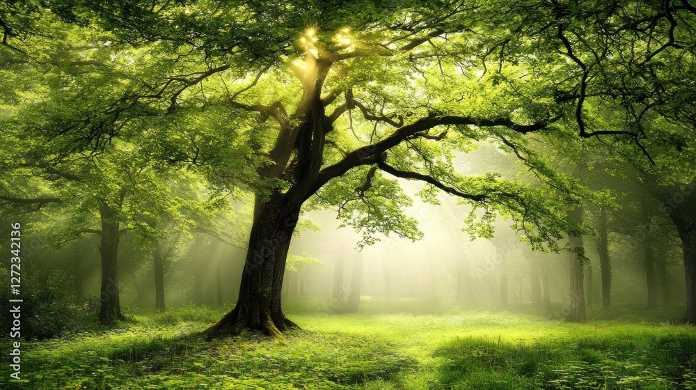 Naklejka premium Sunlit Forest Scene with Majestic Oak Tree